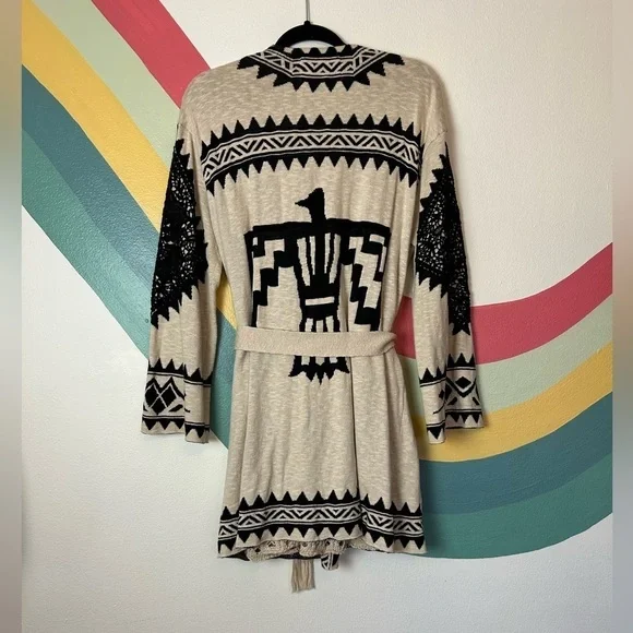 ANTHROPOLOGIE Sloane Rouge Open Front Tie Aztec Print Thunderbird Cardigan Set - Picture 3 of 12